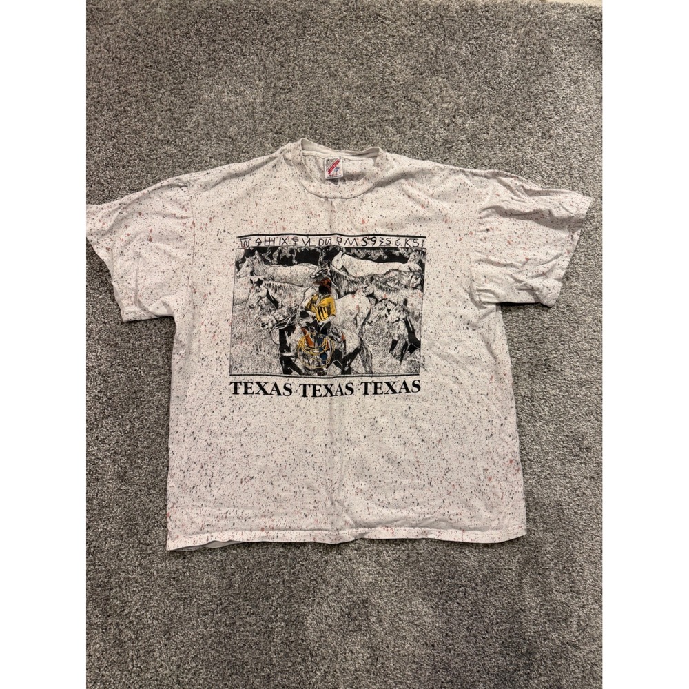 Vintage Jerzees Texas Cowboy Horse Graphic T Shirt Men XL Speckle Print USA Made